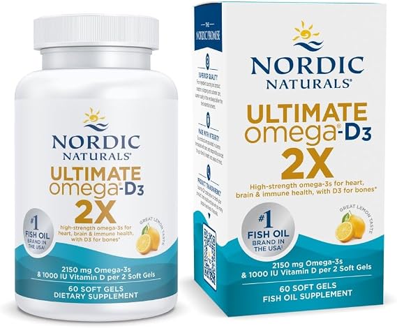 Nordic Naturals Ultimate Omega 2X with Vitamin D3, Lemon Flavor - 60 Soft Gels - 2150 mg Omega-3 + 1000 IU D3 - EPA & DHA - Brain, Heart, Immune Health - 30 Servings