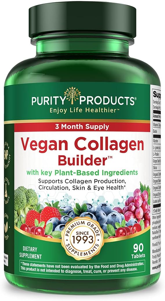 Purity Products Vegan Collagen Builder - Organic Whole Foods Fruits | & Veg, Silica, Lutein, Vitamin C, Biotin, Grape Seed - Amino Acids Glycine, Lysine & Proline Collagen Boosters - 90 Tablets