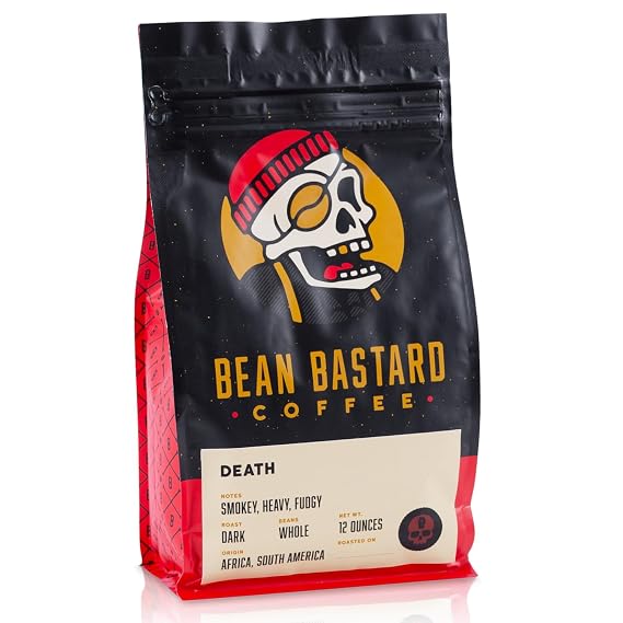 Bean Bastard Coffee DEATH Blend Dark Roast Coffee Beans | Premium Whole Bean Coffee with Smokey Undertones and Rich Fudge Flavor | Blend of Ethically Sourced South American and African Beans | 12oz