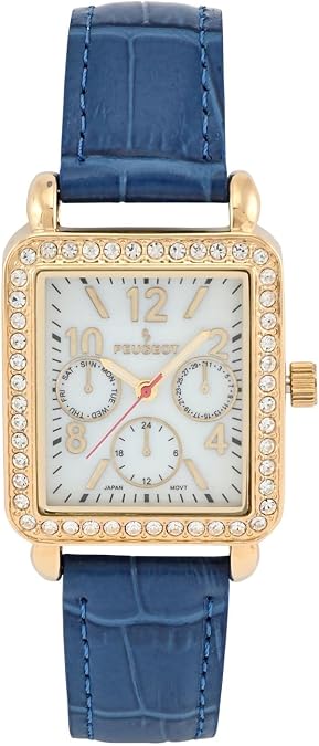 Peugeot Women's Art Deco Multifunction Watch Gold Crystal Bezel Leather