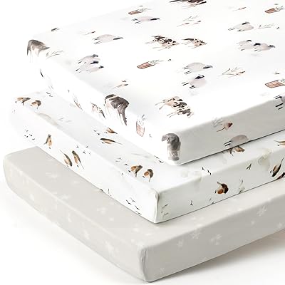 Stretchy Ultra Soft Jersey Knit Pack and Play Sheets Set 3 Pack, PortableMini Crib Sheets for Boys and Girls, Universal Fit for Pack N Plays Safe and Snug, Cute Watercolor Cows and Birds Print