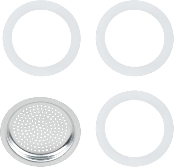 Silicone Sealing Ring Aluminum Replacement Filter 6 Cup For Stove Top Espresso Maker Replacement Filler Parts Set includes 1 filter and 3 upgraded Silicone rings