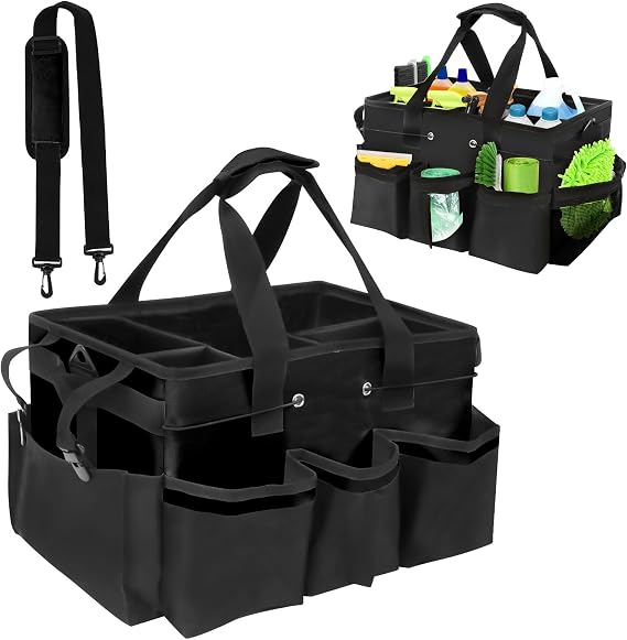 Cleaning Caddy with Handle, Cleaning Caddy Bag with Adjustable Shoulder Strap, Cleaning Bag for Cleaning Products Organiser, for Housekeepers, Housekeeping and Car Storage (Black)