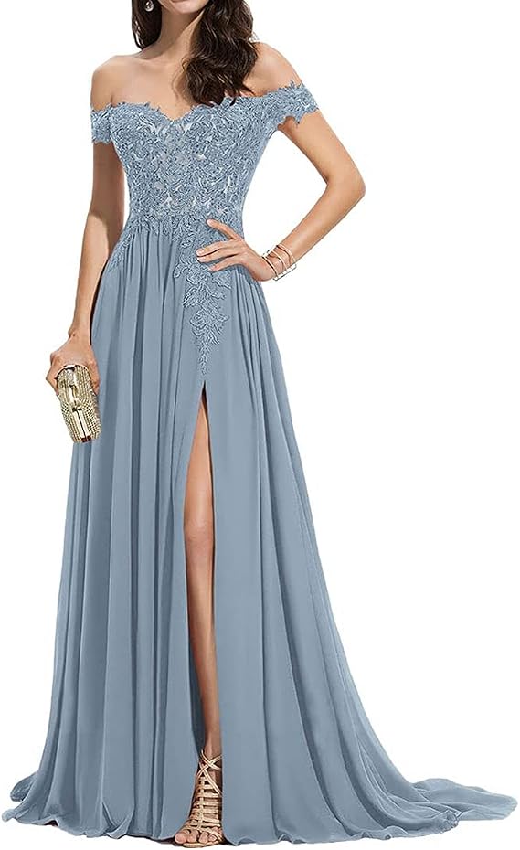 Laces Appliques Bridesmaid Dresses Prom Dresses Long A-Line Maid of Honor Dress Dusty Blue