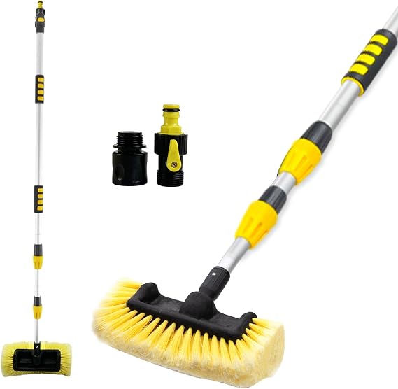 Car Wash Brush with Long Handle, 20FT Reach Telescopic Flow-Thru Car Washing Brushes, 11.8" Soft Bristle Cleaning Brush with On/Off Switch for Auto Cars, Trucks, RV, Truck, Boat, Wall, Solar Panels