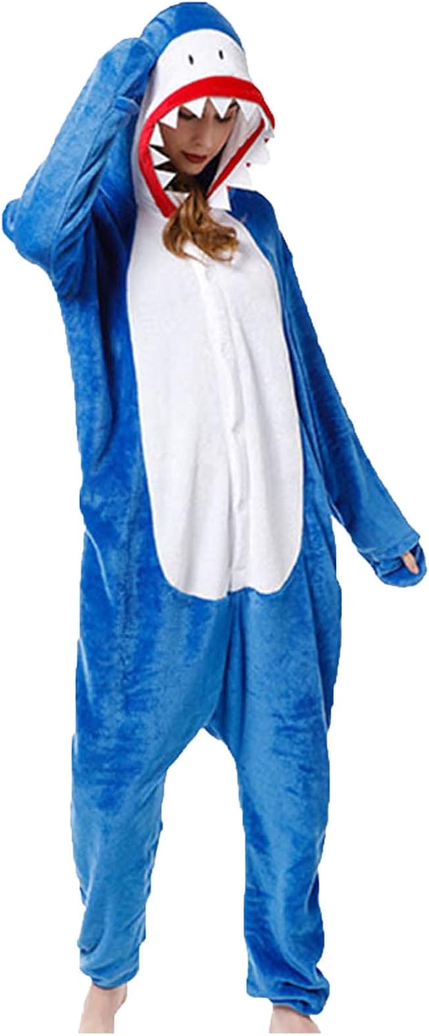 Adult Shark Onesie Cosplay Suit Animal Pajamas Christmas Homewear Halloween Sleepwear for Women Blue Plush Pjs