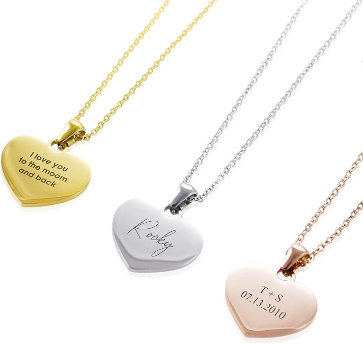Personalized Engraved Name Heart Necklace Women's Stainless Steel