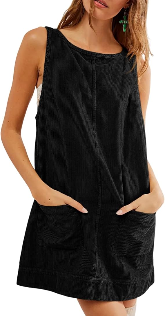 Wowcarbazole Women's Casual Corduroy Overall Dress Round Neck Cute A Line Dress Pinafore Mini Skirt Jumper with Pockets