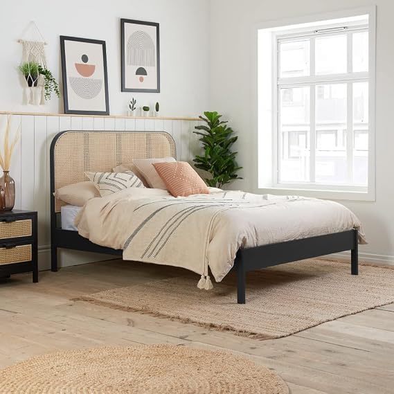 happybeds Margot Black Wooden Bed, 4ft6 Double, Rattan Headboard