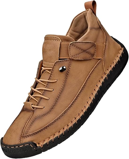 Women Mens Casual Leather Shoes Lightweight Athletic Loafers Comfy Vintage Hand-Stitching Driving Walking Sneakers Fashion Ankle Boots