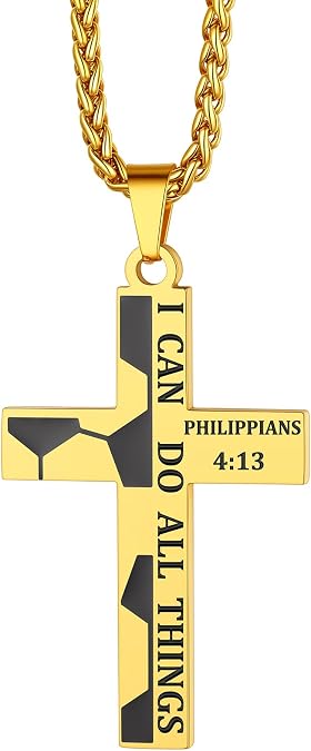 Richsteel Soccer/Football/Basketball/Baseball Cross Necklace Inspirational Bible Verse Cross Pendant Stainless Steel Chain 22+2 inch Sports Jewelry for Men Women