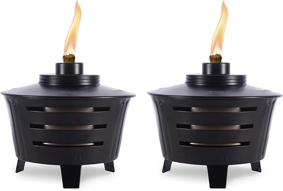 TIKI Mini Fire Pit Tabletop Torch 2-Pack, Outdoor Decorative TIKI Torch for Patio, Backyard, and Garden, Black Metal Tabletop Flame Torch, Includes Long Lasting Wick and Snuffer