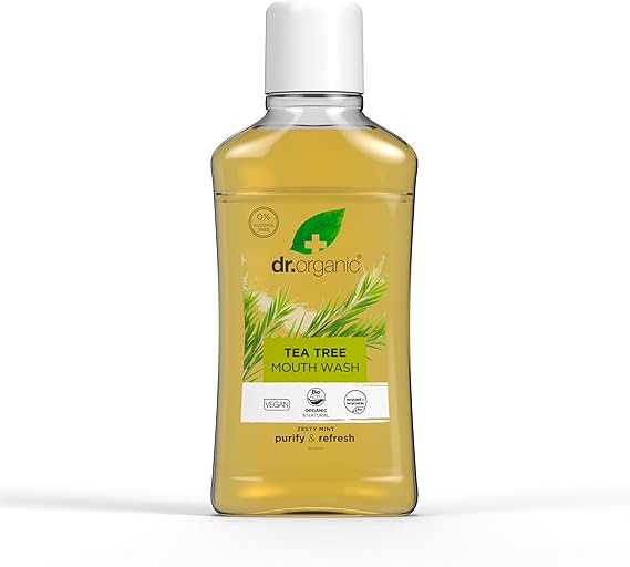 Dr Organic Tea Tree Mouthwash, Alcohol Free, Fluoride Free, Refreshing, Natural, Vegan, Cruelty-Free, Paraben & SLS-Free, Organic, 500ml, Packaging may vary