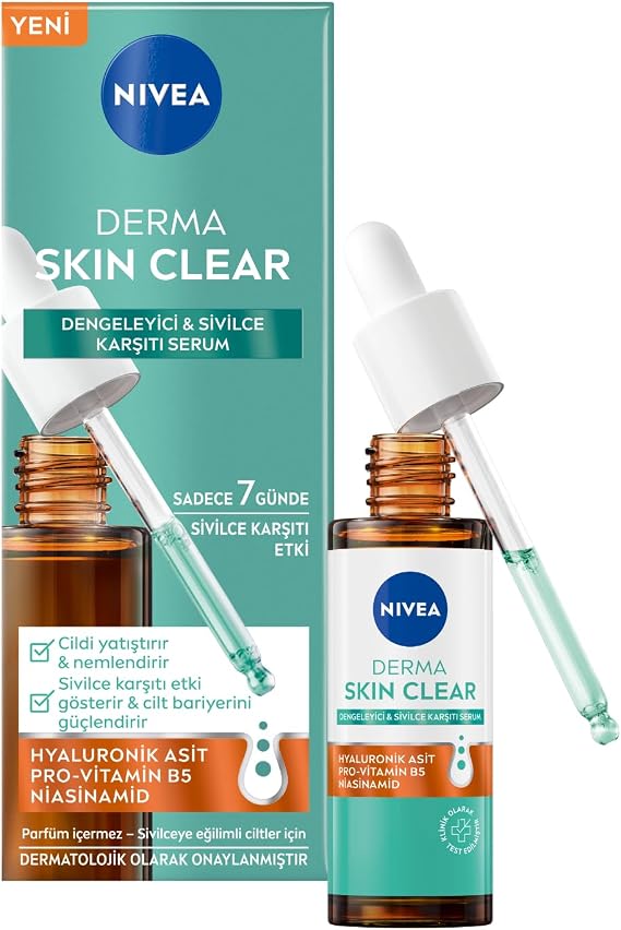 NIVEA Derma Skin Clear Dengeleyici ve Sivilce Karşıtı Serum 30ml, Cildi Yatıştırır, Komedojenik Değildir,Niasinamid, Hyaluronik Asit, Pro Vitamin B5,Yağlı,Karma Cilt