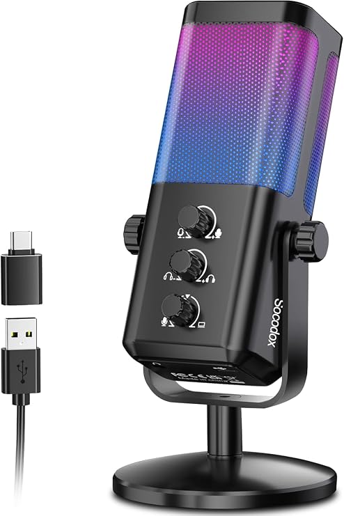 Gaming Microphone USB Condenser Microphone with Game Chat Balance/Noise Cancelling Microphone for PC Mobile Phone PS4 PS5 Mac for Streaming Podcast Studio Recording ASMR with RGB/Mute/Gain/Monitoring