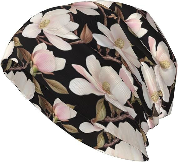 Cute Magnolia Flower Retro Beanie Chemo Cancer Headwear Hats for Women Men Slouchy Beanies Skull Cap Turban Black