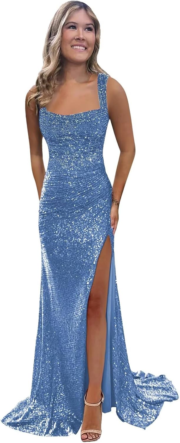 BOLENSYE Sequin Prom Dresses for Women 2025 Square Neck Sparkly Long Ball Gown with Slit Formal Evening Party Dress