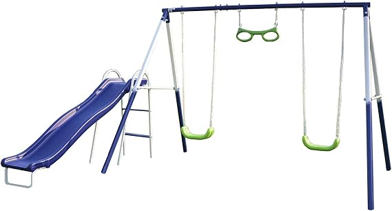 Sportspower Sierra Vista Metal Swing and Slide Set: 2 Swings, 1 Trapeze, 1 Wavy Slide and Bonus 4pc Anchor Kit - Exceeds ASTM Safety Standards