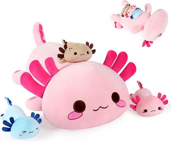 Onsoyours Axolotl Stuffed Animal Mommy 19.7" with 3 Baby Axolotl Plushies in Tummy, 4 Piece of Cute Axolotl Plush Pillow Toys for Kids Girls Boys (Pink Axolotl Family)