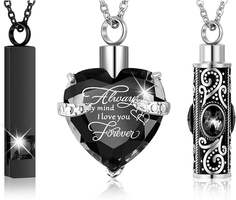 MTLEE 3 Pieces Cremation Urn Necklace for Ashes Vertical Bar Zircon, Heart Crystal Necklace Urn Stainless Steel Waterproof Memorial Pendant