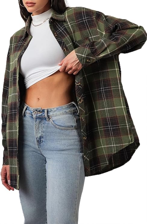 CHYRII Womens Button Down Flannel Shirts Long Sleeve Plaid Shackets Business Casual Blouse Top