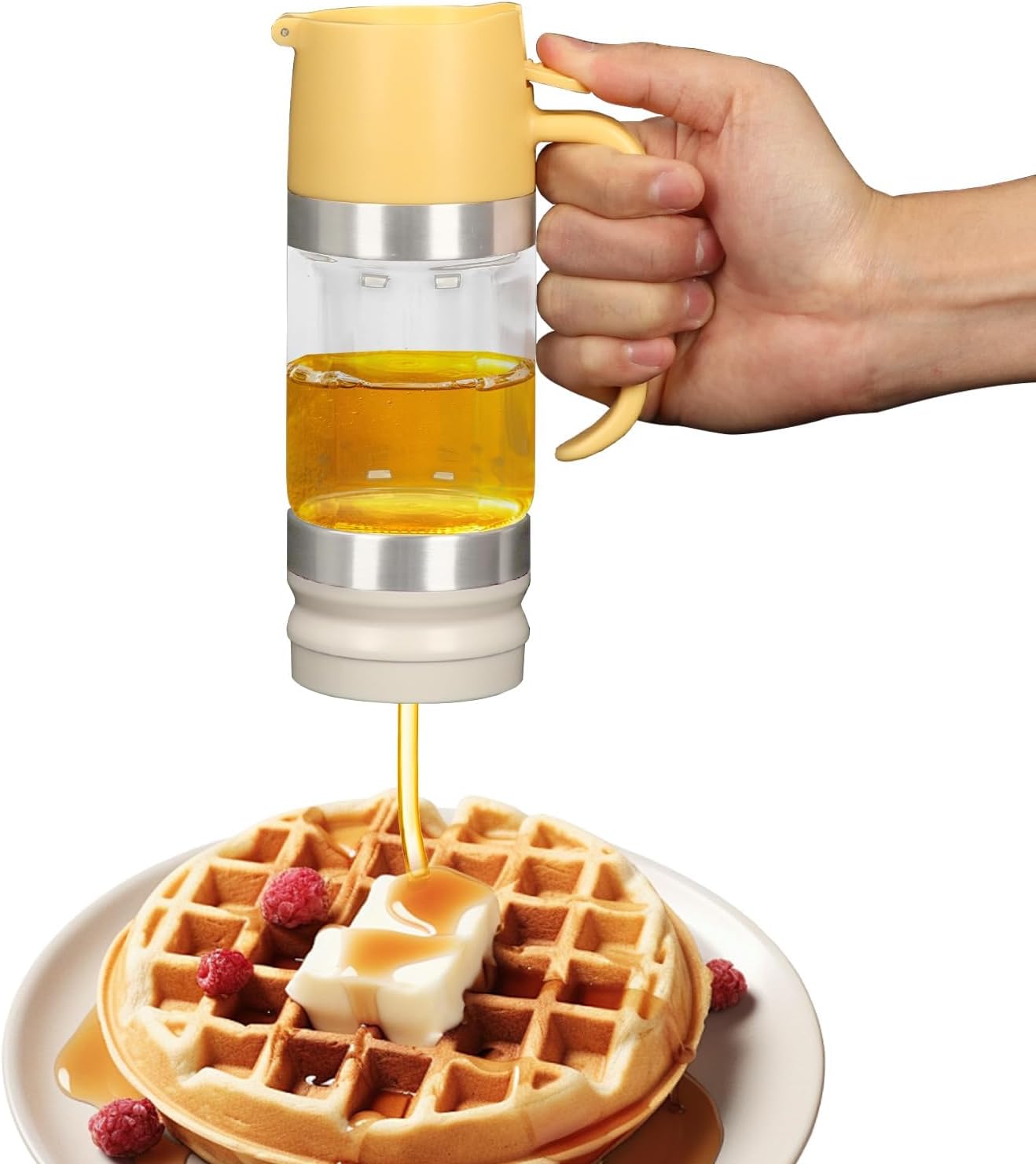 Tefola Honey Dispenser, 350ml, Glass, Dripless Syrup Dispenser, Glass Honey Jar, Syrup Pot Dispenser for Syrup, Sugar, Sauces, Condiments Yellow