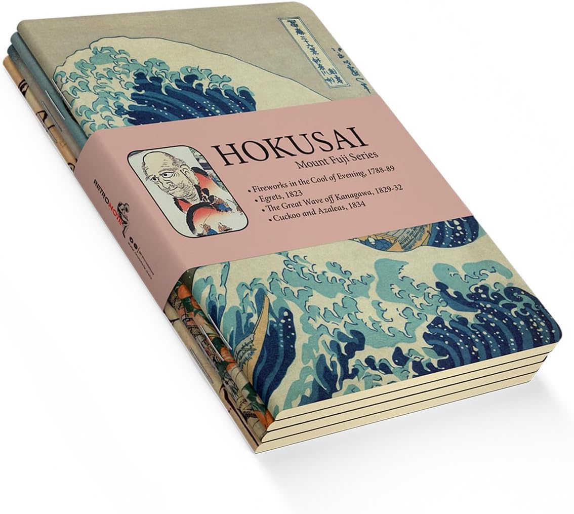 Retronote Mount Fuji Series I - A5, Hokusai 4-Piece Notebook Set I, Unlined, Total 256 Pages, 64 Pages Each, Wire Stitching, Flexible Cover, Oval Edge, Canvas Texture, 60 grams, Yellow Cream Color