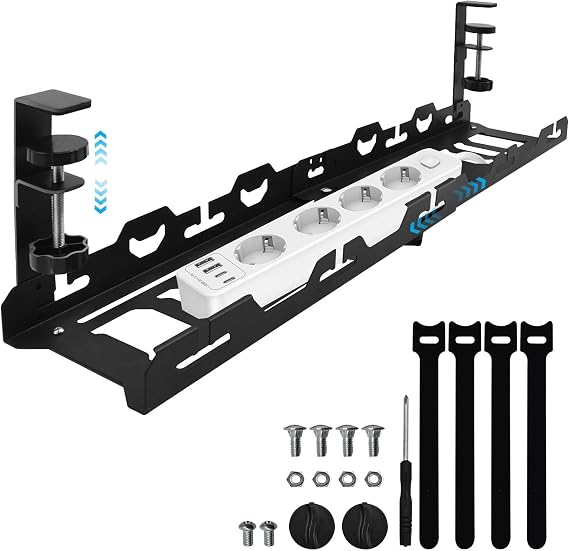 Under Desk Cable Management, Expandable 40-74cm Cable Tray No Drill, Under Desk Cable Management Tray, Under Desk Cable Organizer for Office Home, Black