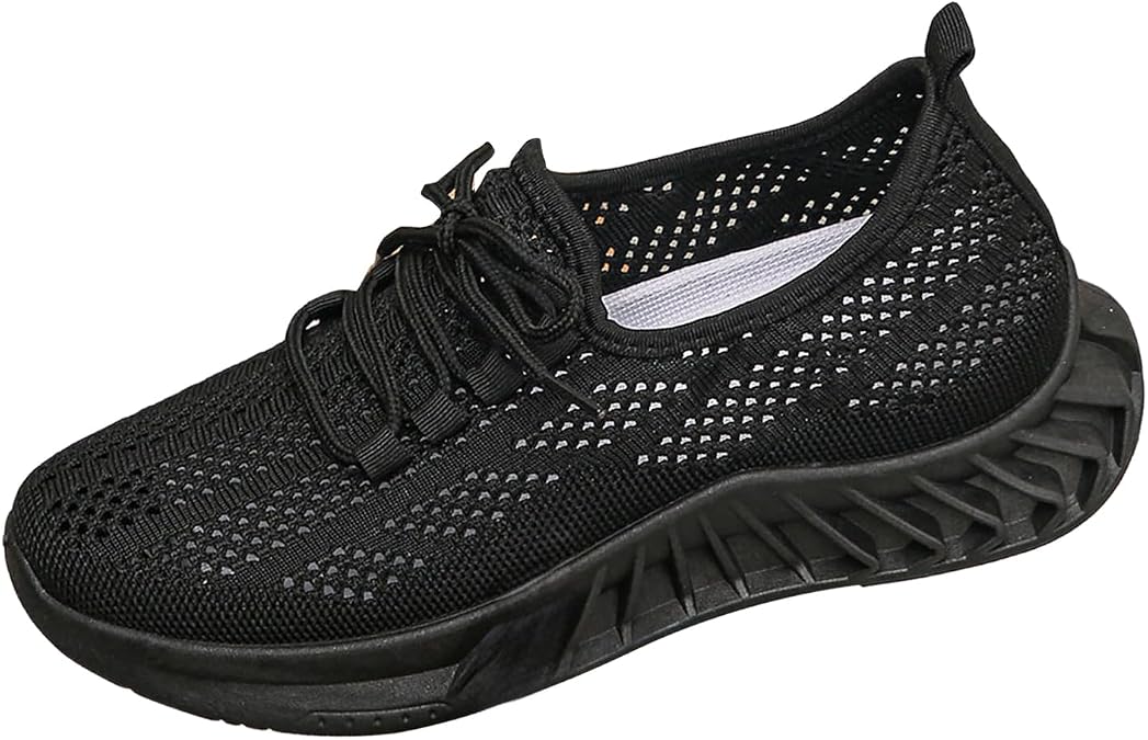 Women's Casual Sports Sneakers Shoes Flats Slip On Lightweight Lace Up Soft Sole Strappy Mesh Woven Knitted Women Footwear Knit Casual Running Shoes Women's Non Slip Walking Shoes