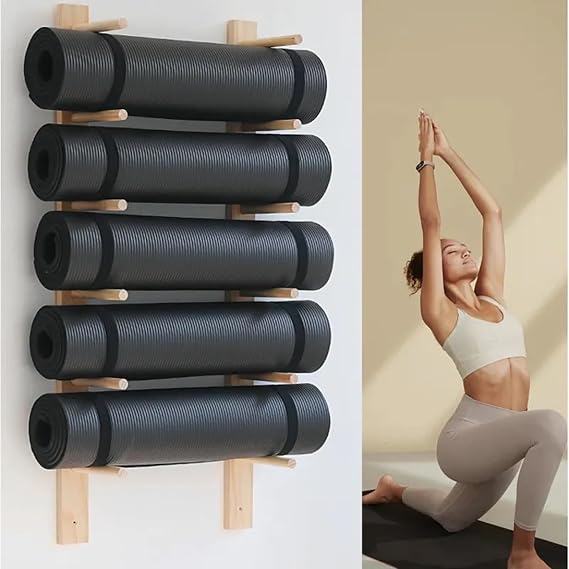 Yoga Mat Holder Wall Mount, 6 Tiers Wooden Yoga Mats Storage Rack, Home Gym Storage for Storing Fitness, Yoga Mat Rack Wall Hooks Gym Organizer