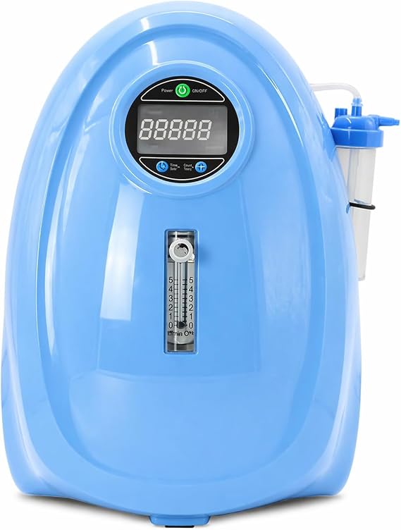 Portable Oxygen Concentrator, 1-5L/min Adjustable Flow Rate, 93% +/- 3% Oxygen Output, Low Noise <43 dB, LED Display, Humidifier Bottle, Nasal Cannula, UK Plug, for Home Use