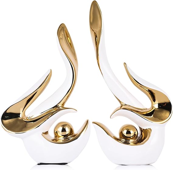 Mid Century Modern Abstract Art Home Decor Accent,Porcelain Statues for Living Room Coffee Table Centerpieces for Dining Room,Ceramic Sculptures and Gold Knick Knacks for TV Stand Decor (White Gold)