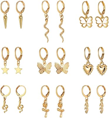 FUTIMELY 12 Pairs Gold Earrings Set for Women: Hypoallergenic Fashion Heart, Butterfly, Snake, Pearl, Link, Drop, Dangle, Hoop Earring Jewelry 9pcs Set