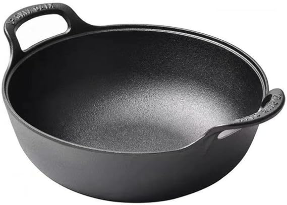 Uncoated Cast Iron Wok with Dual Handles and Wooden Lid, Flat Bottom Non-Stick Frying Pan 20cm for Stir-Frying, Deep-Frying, Braising, Steaming on Induction, Gas and Electric S(A)