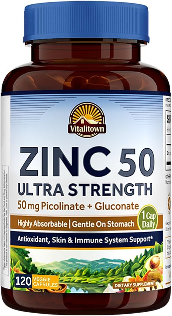 Vitalitown Chelated Zinc 50 mg, Zinc Picolinate & Gluconate, 120 Veggie Capsules, Well-Absorbed, Immune System, Healthy Skin & Development, Vegan, NO Gluten, Non-GMO