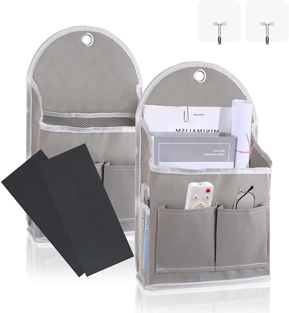 2 Pack Wall Hanging Storage Bag with Pockets, Locker Organizer Basket with Sticky Hook, Fabric Wall Organizer, Waterproof Hanging Bag for Closet Door Bedroom Bathroom Office Home Kitchen(Grey)