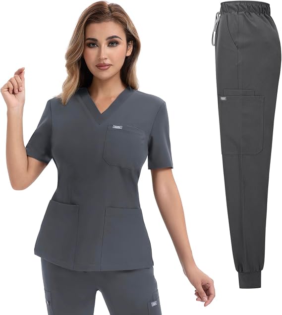 Scrubs for Women Set, Medical Scrubs Top & Pants, Jogger Scrub Set w/ 10 Pocket, Slim Fit