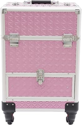 Aluminum Rolling Makeup Train Case, Large Storage Professional Cosmetic Trolley Makeup Travel Case with Drawer, Travel Cosmetic Organizer with Wheels for Nail Tech Hairstylist Barber, Pink