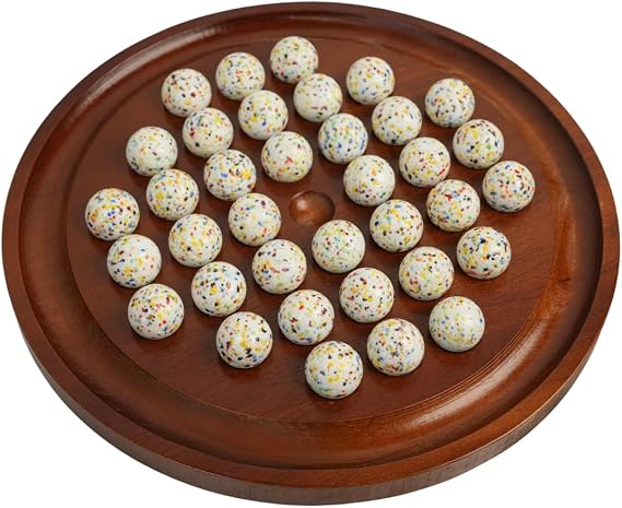 Marble Solitaire Board Game, Brainvita Marble Game, Dark Brown 11.5x11.5 inch Board with 36 Confetti Marbles, Single Player Marble Strategy Game, Wooden Solitaire Games for Adults