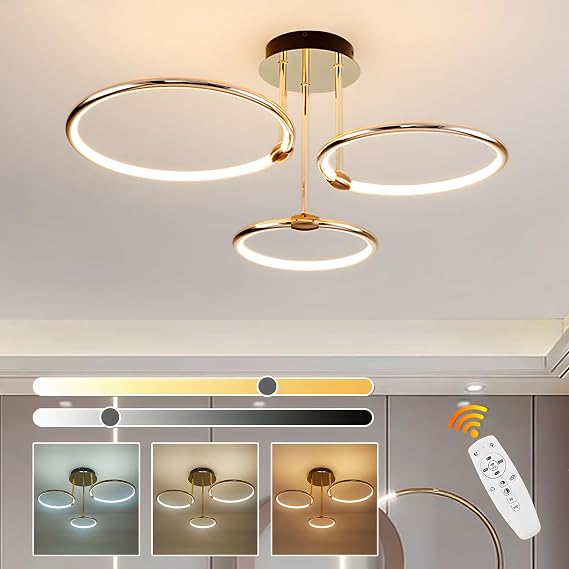 Led Gold Ceiling Light, 3 Round Ring Design/ Ø56cm Chandelier, 60W Stepless Dimmable, Creative Metal Electroplate Pendant, Modern Lamp For Bedroom Living Children Office Study Kitchen Hallway [Energy Class A]