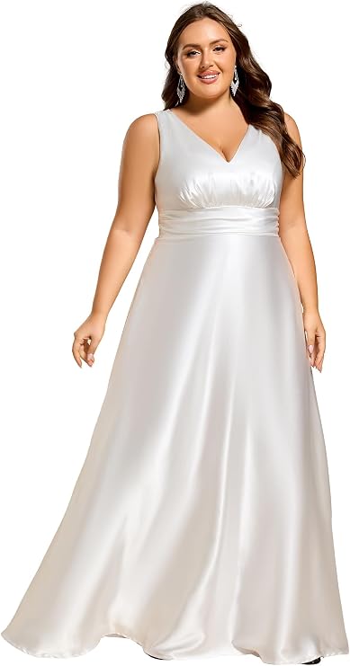 Ever-Pretty Plus Women's Sleeveless Satin Plus Size Formal Gowns Summer Bridesmaid Dresses Empire Waist with Pockets