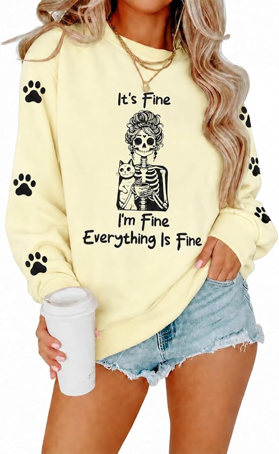 VILOVE Funny Sweatshirts for Women Its Fine Im Fine Everything is Fine Shirts Inspirational T-Shirt Cute Sayings Tee Tops
