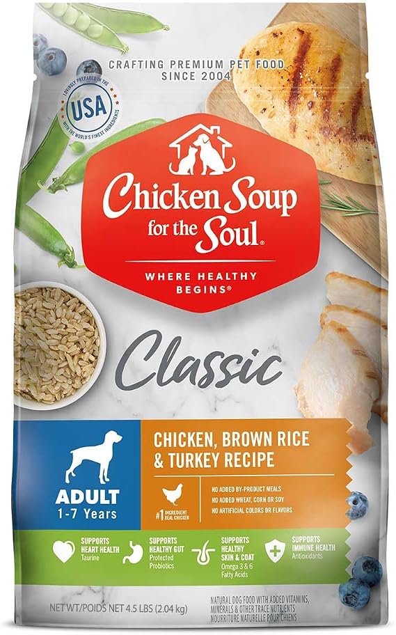 Chicken Soup for the Soul Natural Premium Adult Dry Dog Food, Real Meat First Ingredient, No By-Products, Supports Gut & Immune Health, Chicken, Brown Rice & Turkey 4.5lb