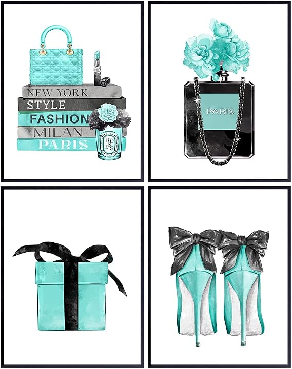 Blue Glam Wall Art - Designer Perfume, Shoes, Handbags - High Fashion Design Gift for Fashionista - Luxury Couture Wall Decor Poster Print Picture Set for Women, Girls Bedroom, Teens Room