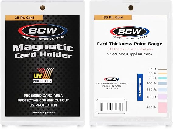 BCW 35 Pt Magnetic Card Holders with UV Protection, 20 Count | Clear two-piece cases use a gold magnet closure, recessed corners, and easy-open tabs for standard 35 pt trading cards.