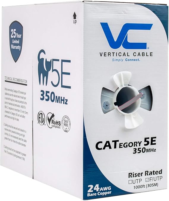 Vertical Cable Cat5e, 350 MHz, Shielded, 24AWG, Solid Bare Copper, 1000ft, Bulk Ethernet Cable, Gray