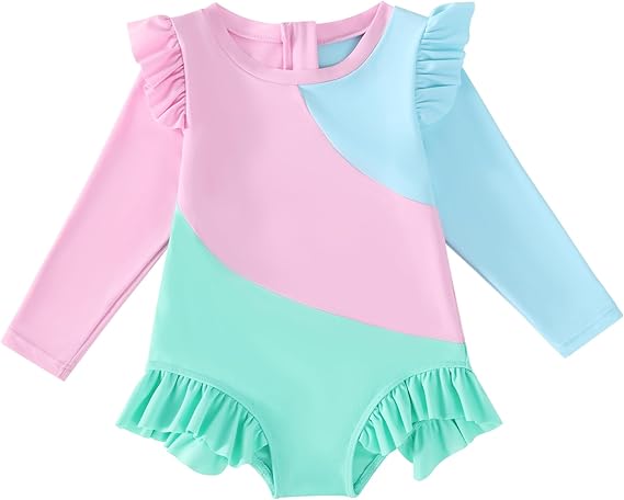 Toddler Baby Girls Long Sleeve Swimsuit 12M-5T,UPF 50+ Rash Guard with Zipper Ruffle One Piece Bathing Suit