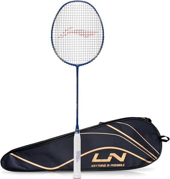 Li-Ning Wind Lite 700 II Carbon Graphite Badminton Strung Racket with Full Racket Cover (Navy/Brass)