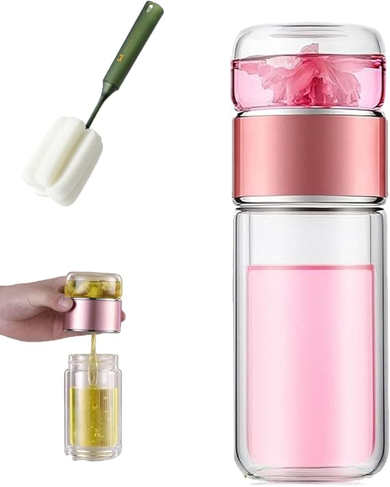 Glass Infuser, 3-in-1 smart Tea Infuser Double Wall Glass Teacup with infuser for Loose Tea (Rose gold, 280ml)