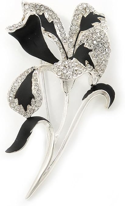Black/Silver Tone Clear Diamante 'Calla Lily' Brooch - 75mm Length
